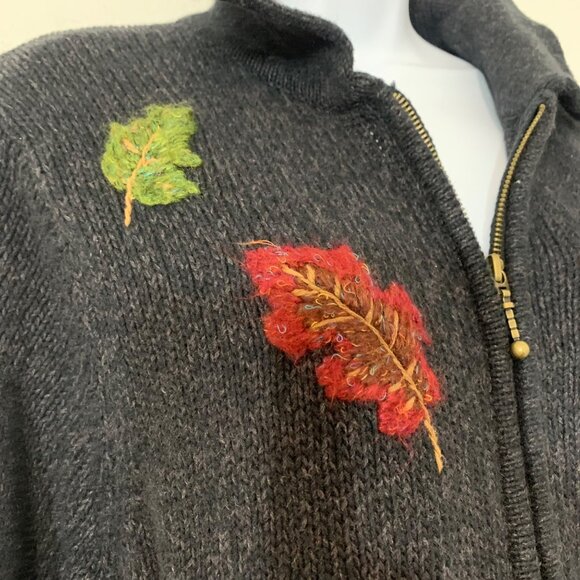 Mandal Bay Womens Charcoal Gray Knit Cardigan Embroidered Leaves Full Zip SZ L - Picture 4 of 6